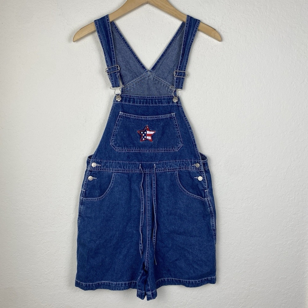Studio Blue M Shortalls Denim Overalls Bib American Flag Patriotic Y2K 90s